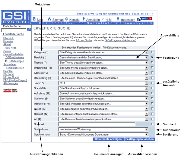 Darstellung der GSI-Seite Erweiterte Suche